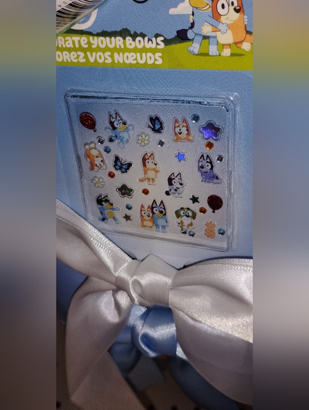 Kids' Bluey Light Blue & White Satin hairbows with Stickers